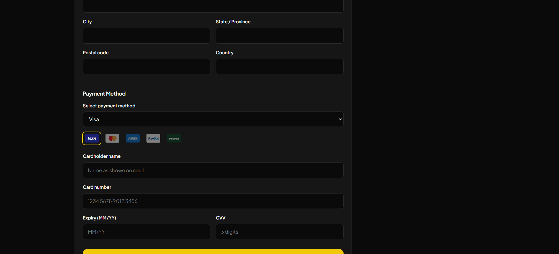 Exco Wave checkout and payment page