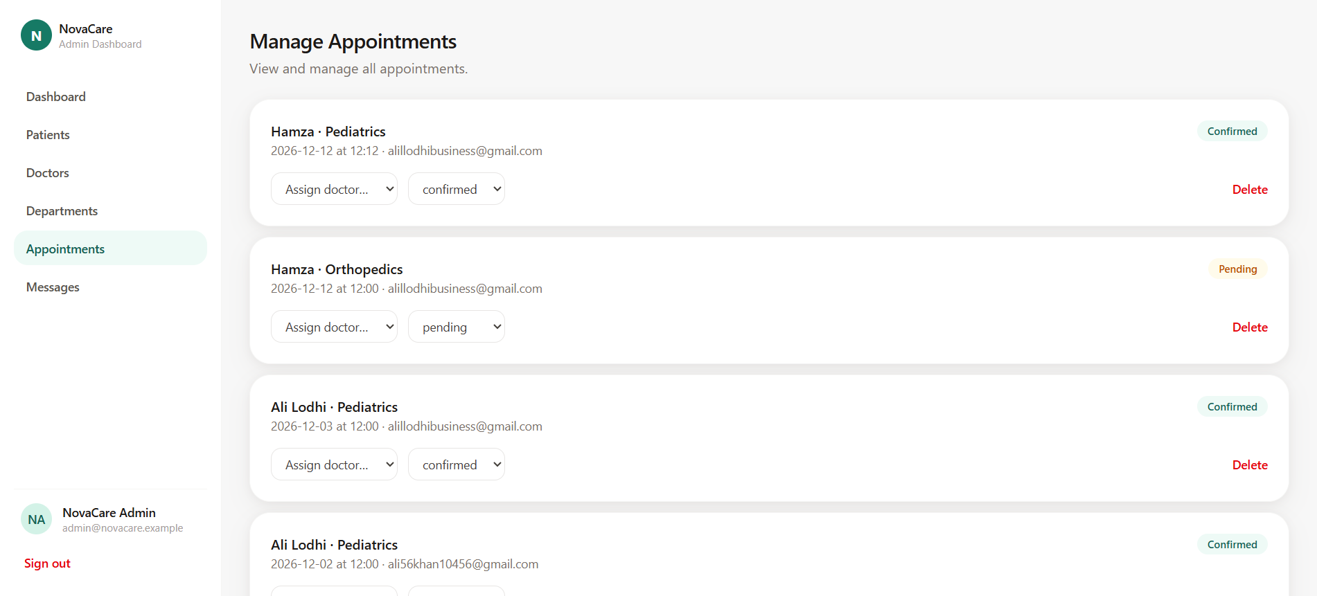 NovaCare admin appointment management