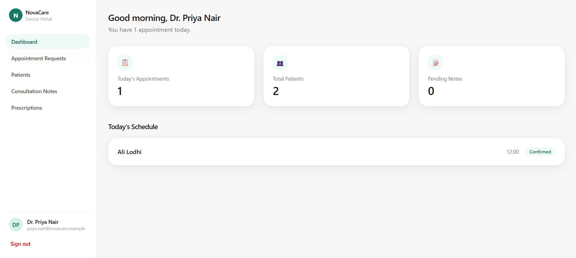 NovaCare doctor portal dashboard