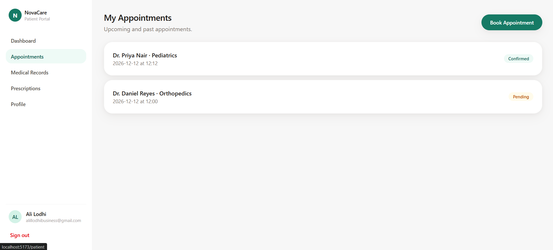 NovaCare patient appointments view