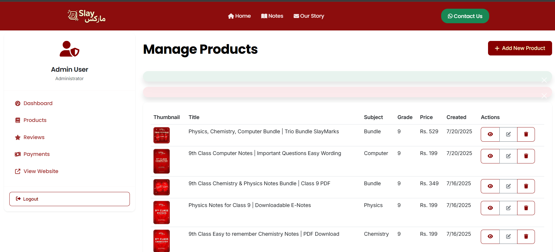 SlayMarks manage products table